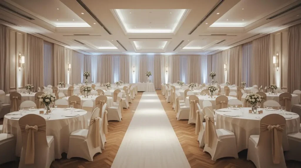 sala weselna z czystymi obrusami i pokrowcami