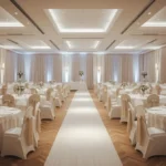 sala weselna z czystymi obrusami i pokrowcami