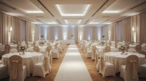sala weselna z czystymi obrusami i pokrowcami