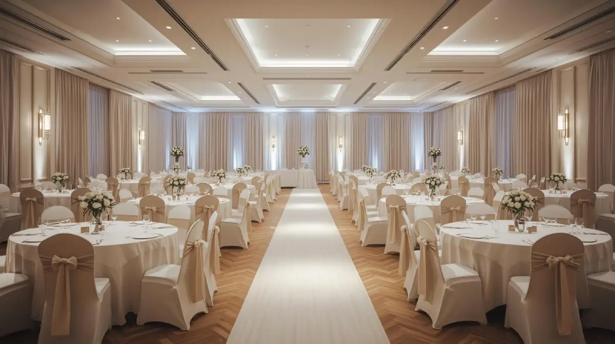 sala weselna z czystymi obrusami i pokrowcami